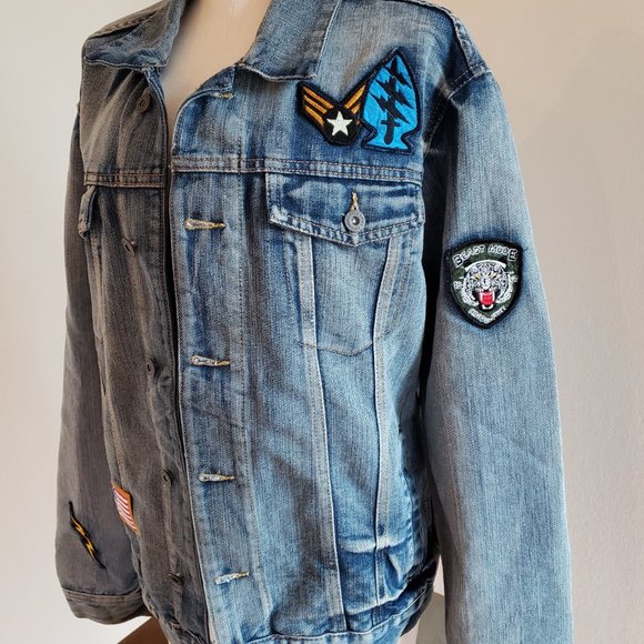 Ring of Fire Blue Denim Button Up Jacket Men’s Size M Beast Mode Snake Patches - Picture 2 of 5